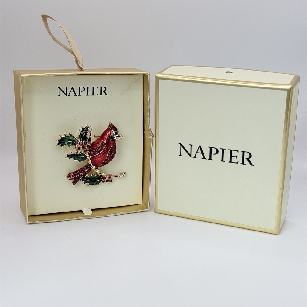 Napier Red Cardinal Bird Brooch Pin with Rhinestones & Christmas Holly New Box